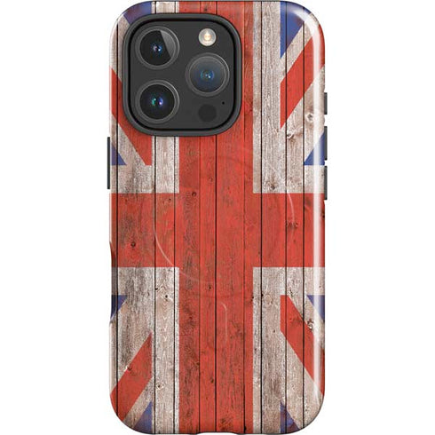 United Kingdom Flag Dark Wood iPhone 16 Pro Magsafe Impact Case